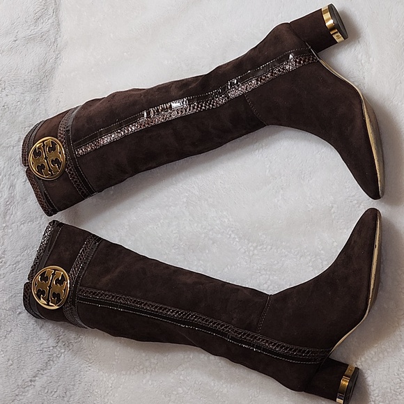 Tory Burch Uma Brown Genuine Suede Knee High Full Zip Trim Riding Boots Sz 7 - Picture 6 of 16